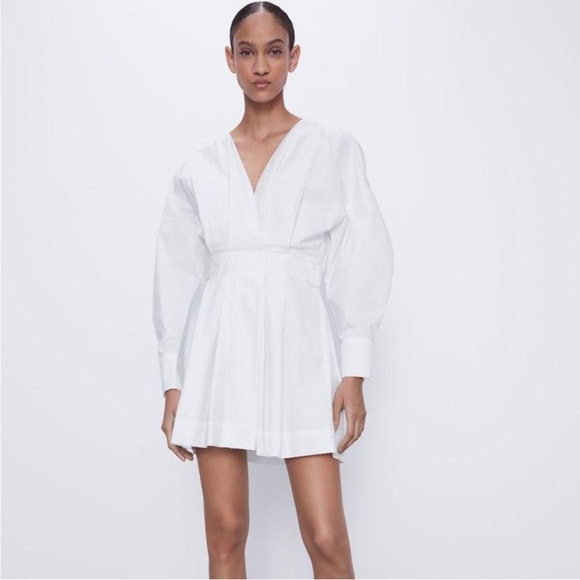 ZARA V-Neck Crossed pleated White mini cotton long sleeve Shirt Dress XS NWT - Picture 9 of 16